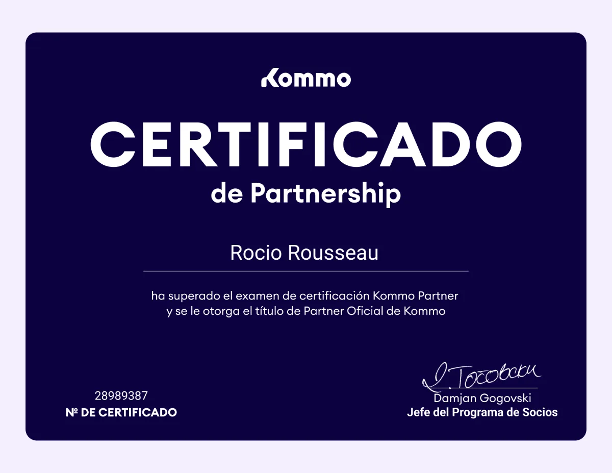 Certificado Partner Kommo CRM Argentina — Rocío Rousseau