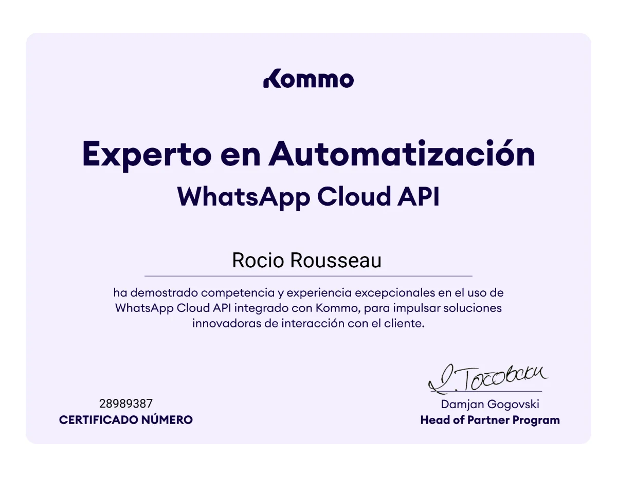 Certificado WhatsApp Business API — Rocío Rousseau
