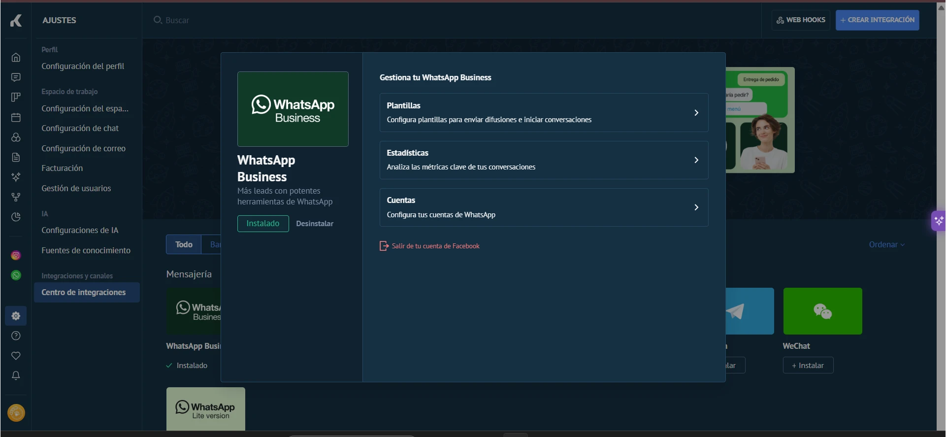 WhatsApp Business API integrado en Kommo CRM, con plantillas, estadísticas y cuentas